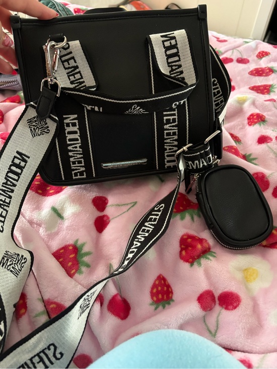 Steve Madden Handbags - Steve Madden Black Crossbody Tote with White Branded Strap